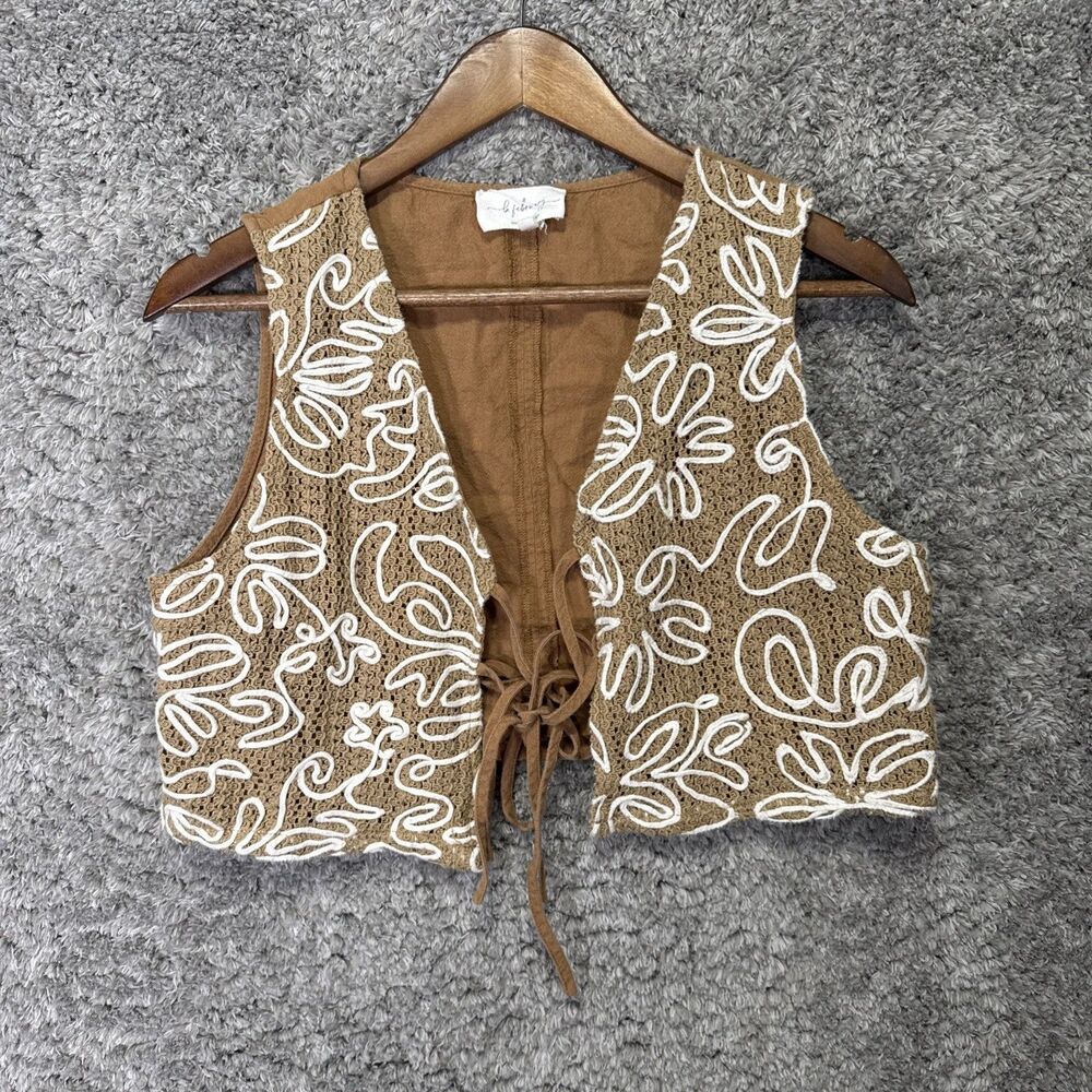 La February Embroidered Cropped Tie Up Vest Bohemian Western Brown Medium